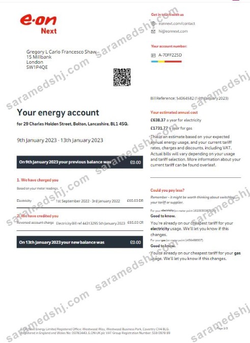 UNITED KINGDOM E-ON utility bill Word and PDF template